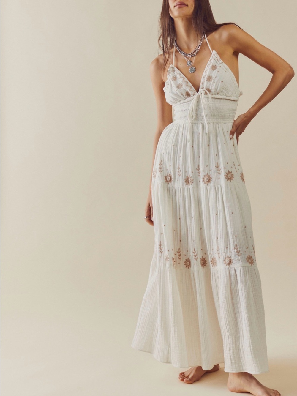 Free People Ivory Maxi Dress with Tan Floral Embroidery